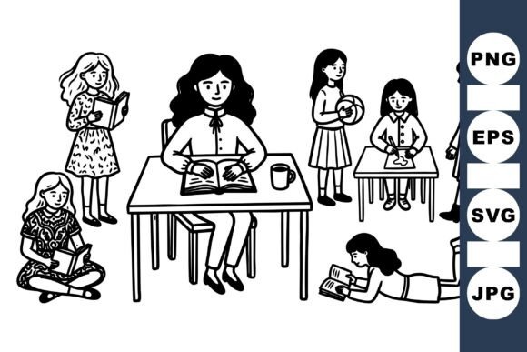 Cheerful School Girls Reading SVG Clipart